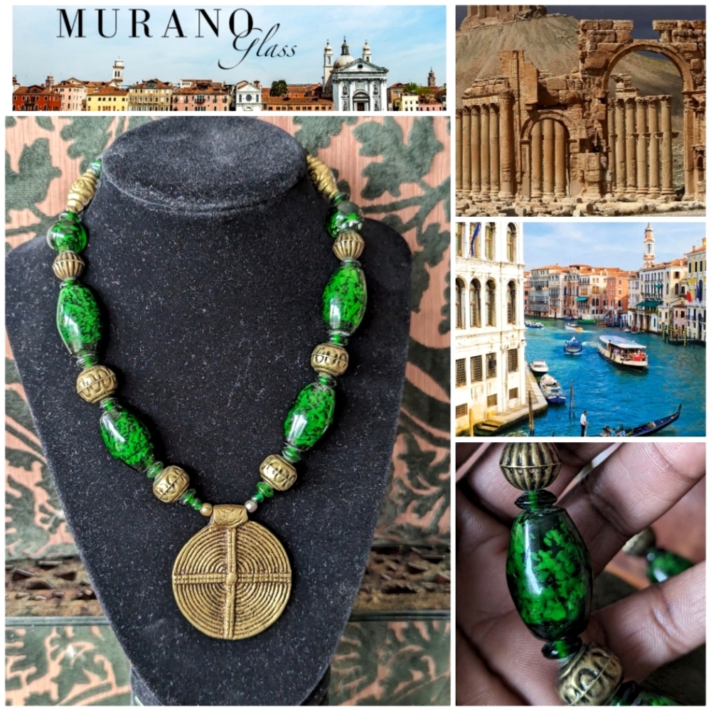💥MURANO GLASS💥VENETIAN GLASS AND SYRIAN BRASS TRADING BEADS NECKLACE